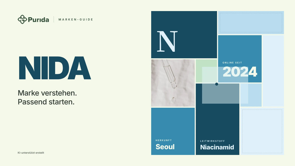Purida Marken-Guide zu NIDA: Patchwork in Markenfarben mit der Initiale N, online seit 2024, Leitwirkstoff Niacinamid, Herkunft Seoul, Zutatenfoto und Hinweis KI-unterstützt erstellt