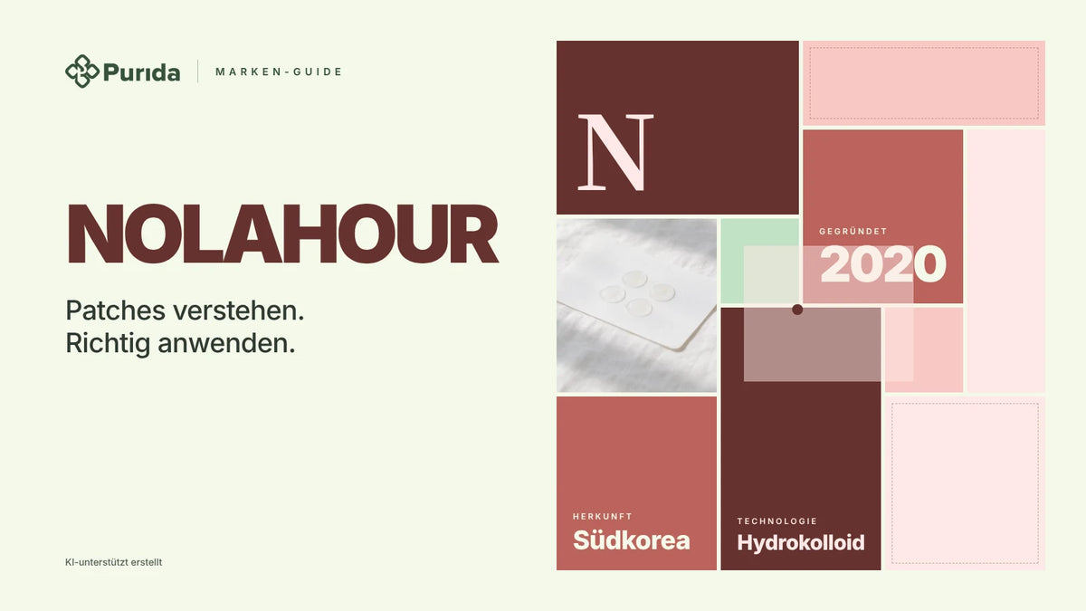 Purida Marken-Guide zu NOLAHOUR: Patchwork in Markenfarben mit der Initiale N, gegründet 2020, Technologie Hydrokolloid, Herkunft Südkorea, Zutatenfoto und Hinweis KI-unterstützt erstellt