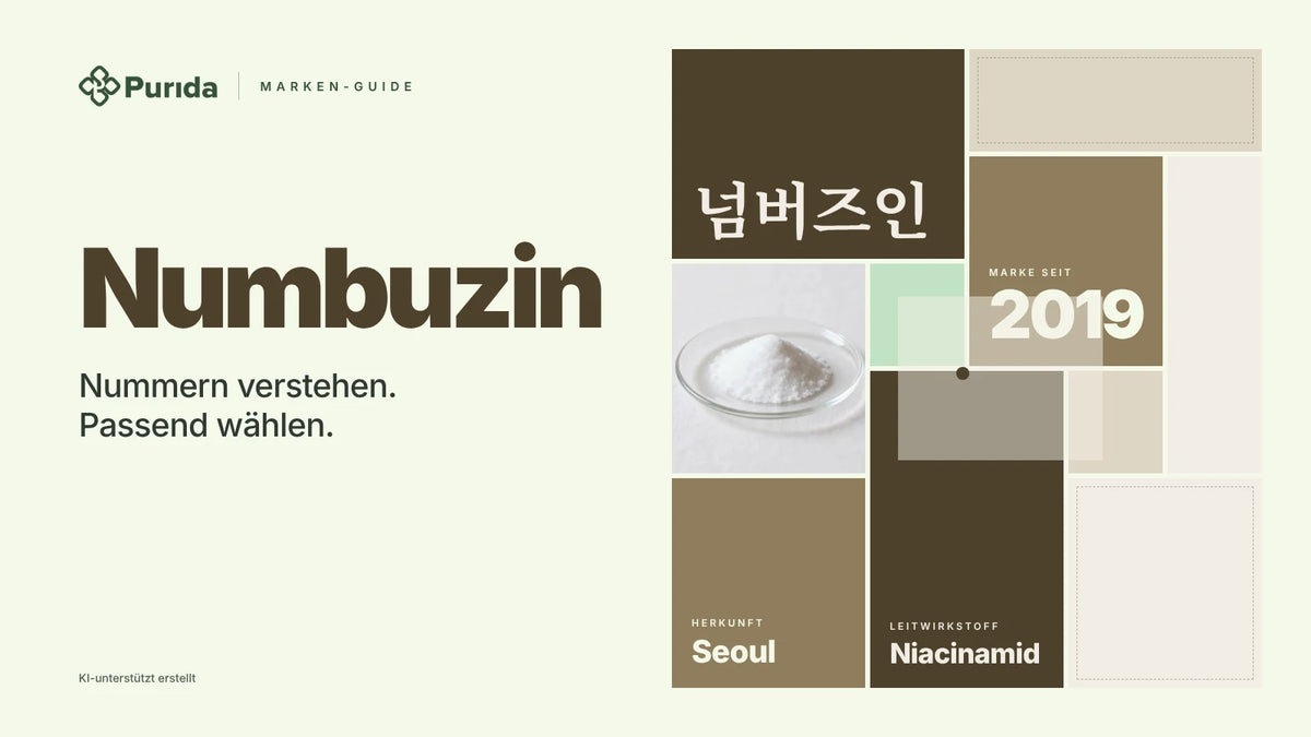 Purida Marken-Guide zu Numbuzin: Patchwork in Markenfarben mit 넘버즈인 in Hangul, Marke seit 2019, Leitwirkstoff Niacinamid, Herkunft Seoul, Zutatenfoto und Hinweis KI-unterstützt erstellt