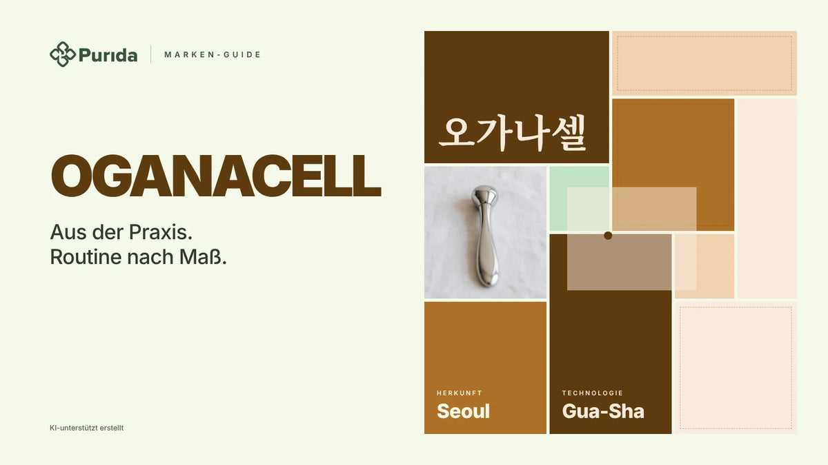 Purida Marken-Guide zu OGANACELL: Patchwork in Markenfarben mit 오가나셀 in Hangul, Technologie Gua-Sha, Herkunft Seoul, Zutatenfoto und Hinweis KI-unterstützt erstellt