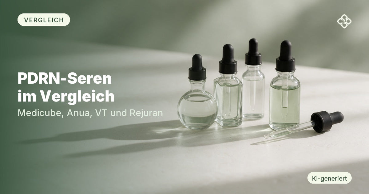 PDRN-Seren im Vergleich: vier Glasflaschen nebeneinander