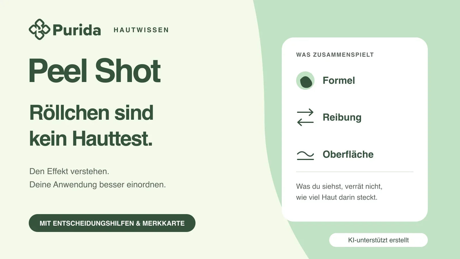 Purida Peel-Shot-Ratgeber mit Original-Purida-Logo und sichtbarem Hinweis „KI-unterstützt erstellt“. Formel, Reibung und Oberfläche erklären die Röllchenbildung.