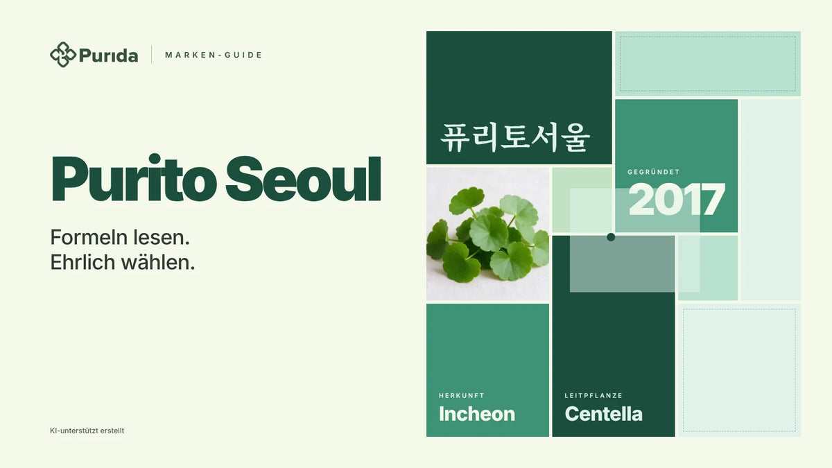 Purida Marken-Guide zu Purito Seoul: Patchwork in Markenfarben mit 퓨리토서울 in Hangul, gegründet 2017, Leitpflanze Centella, Herkunft Incheon, Zutatenfoto und Hinweis KI-unterstützt erstellt