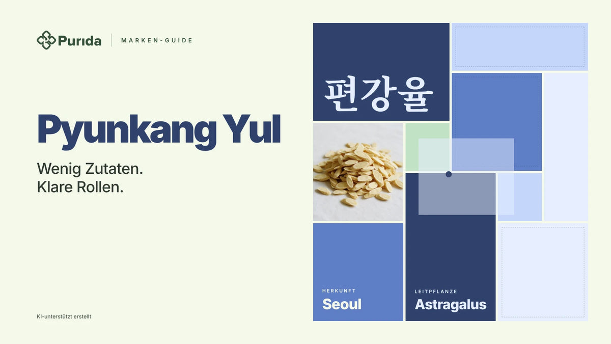 Purida Marken-Guide zu Pyunkang Yul: Patchwork in Markenfarben mit 편강율 in Hangul, Leitpflanze Astragalus, Herkunft Seoul, Zutatenfoto und Hinweis KI-unterstützt erstellt
