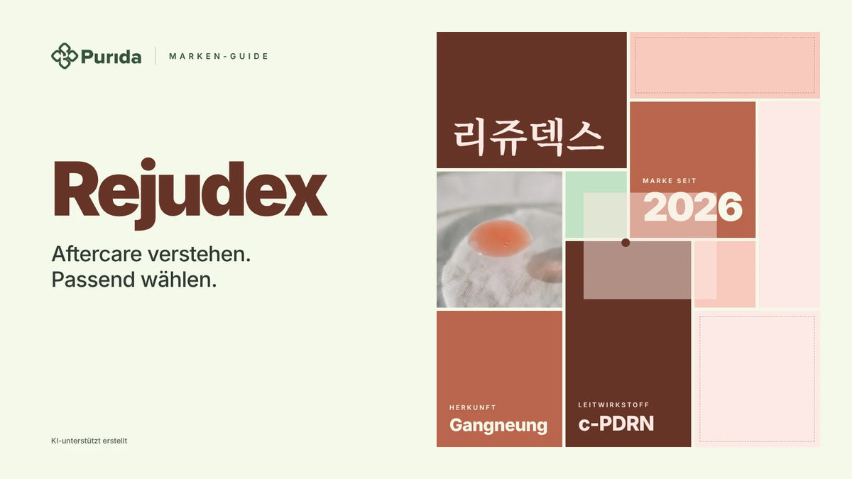 Purida Marken-Guide zu Rejudex: Patchwork in Markenfarben mit 리쥬덱스 in Hangul, Marke seit 2026, Leitwirkstoff c-PDRN, Herkunft Gangneung, Zutatenfoto und Hinweis KI-unterstützt erstellt
