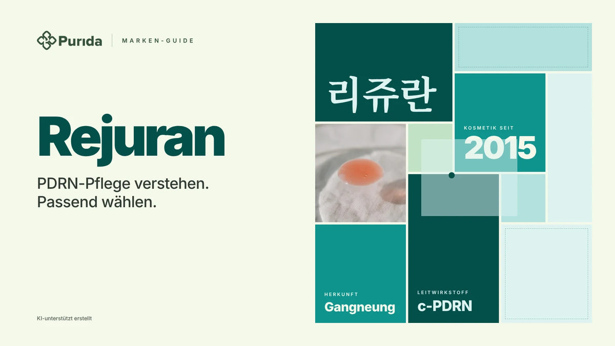 Purida Marken-Guide zu Rejuran: Patchwork in Markenfarben mit 리쥬란 in Hangul, Kosmetik seit 2015, Leitwirkstoff c-PDRN, Herkunft Gangneung, Zutatenfoto und Hinweis KI-unterstützt erstellt