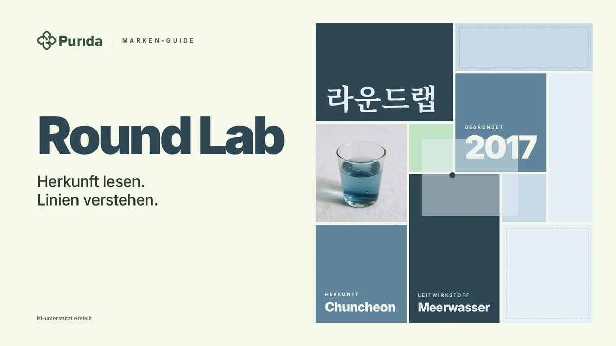 Purida Marken-Guide zu Round Lab: Patchwork in Markenfarben mit 라운드랩 in Hangul, gegründet 2017, Leitwirkstoff Meerwasser, Herkunft Chuncheon, Zutatenfoto und Hinweis KI-unterstützt erstellt