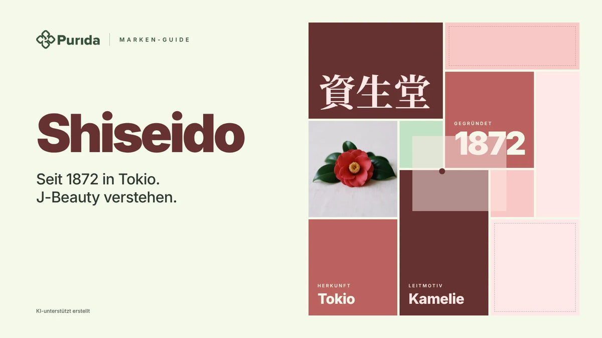 Purida Marken-Guide zu Shiseido: Patchwork in Markenfarben mit 資生堂 in japanischer Schrift, gegründet 1872, Leitmotiv Kamelie, Herkunft Tokio, Zutatenfoto und Hinweis KI-unterstützt erstellt