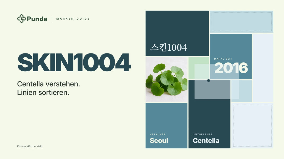Purida Marken-Guide zu SKIN1004: Patchwork in Markenfarben mit 스킨1004 in Hangul, Marke seit 2016, Leitpflanze Centella, Herkunft Seoul, Zutatenfoto und Hinweis KI-unterstützt erstellt