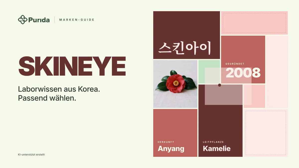 Purida Marken-Guide zu SKINEYE: Patchwork in Markenfarben mit 스킨아이 in Hangul, gegründet 2008, Leitpflanze Kamelie, Herkunft Anyang, Zutatenfoto und Hinweis KI-unterstützt erstellt