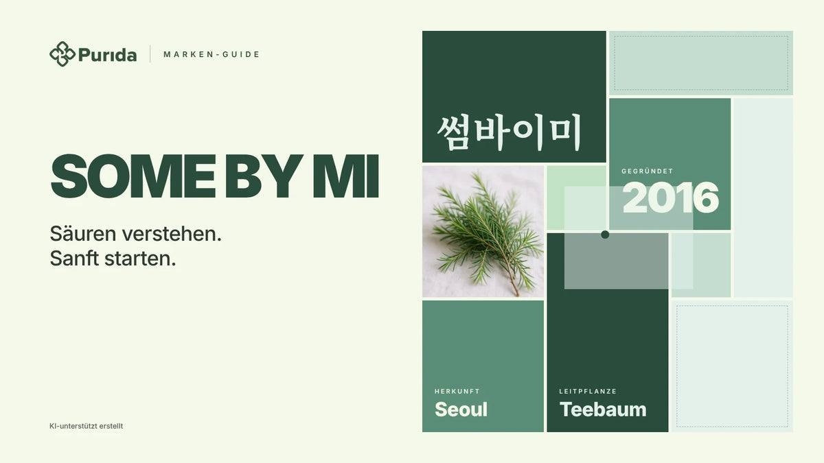 Purida Marken-Guide zu SOME BY MI: Patchwork in Markenfarben mit 썸바이미 in Hangul, gegründet 2016, Leitpflanze Teebaum, Herkunft Seoul, Zutatenfoto und Hinweis KI-unterstützt erstellt