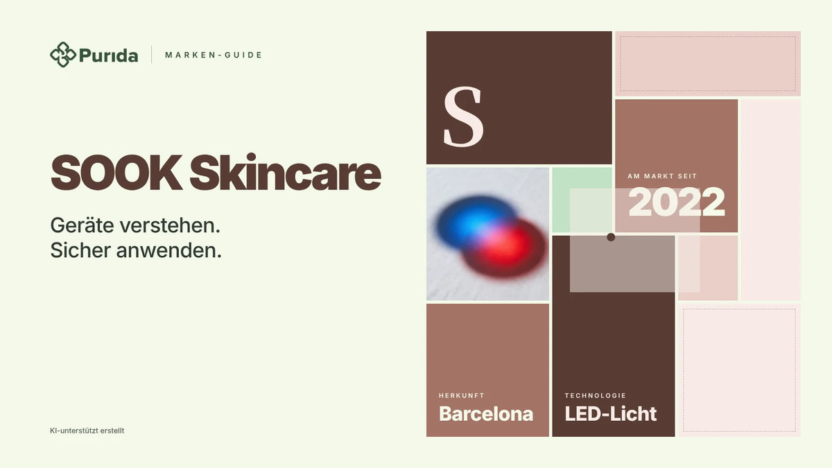 Purida Marken-Guide zu SOOK Skincare: Patchwork in Markenfarben mit der Initiale S, am Markt seit 2022, Technologie LED-Licht, Herkunft Barcelona, Zutatenfoto und Hinweis KI-unterstützt erstellt