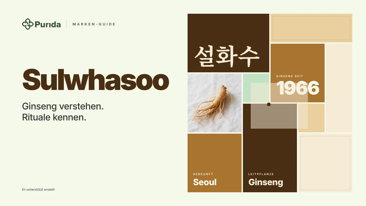 Purida Marken-Guide zu Sulwhasoo: Patchwork in Markenfarben mit 설화수 in Hangul, Ginseng seit 1966, Leitpflanze Ginseng, Herkunft Seoul, Zutatenfoto und Hinweis KI-unterstützt erstellt
