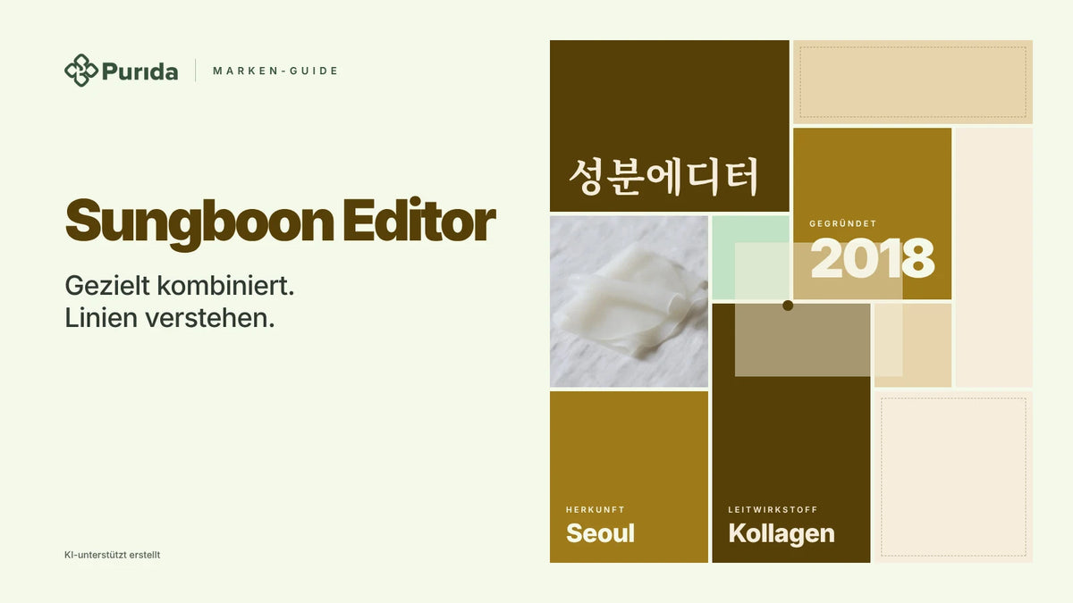 Purida Marken-Guide zu Sungboon Editor: Patchwork in Markenfarben mit 성분에디터 in Hangul, gegründet 2018, Leitwirkstoff Kollagen, Herkunft Seoul, Zutatenfoto und Hinweis KI-unterstützt erstellt