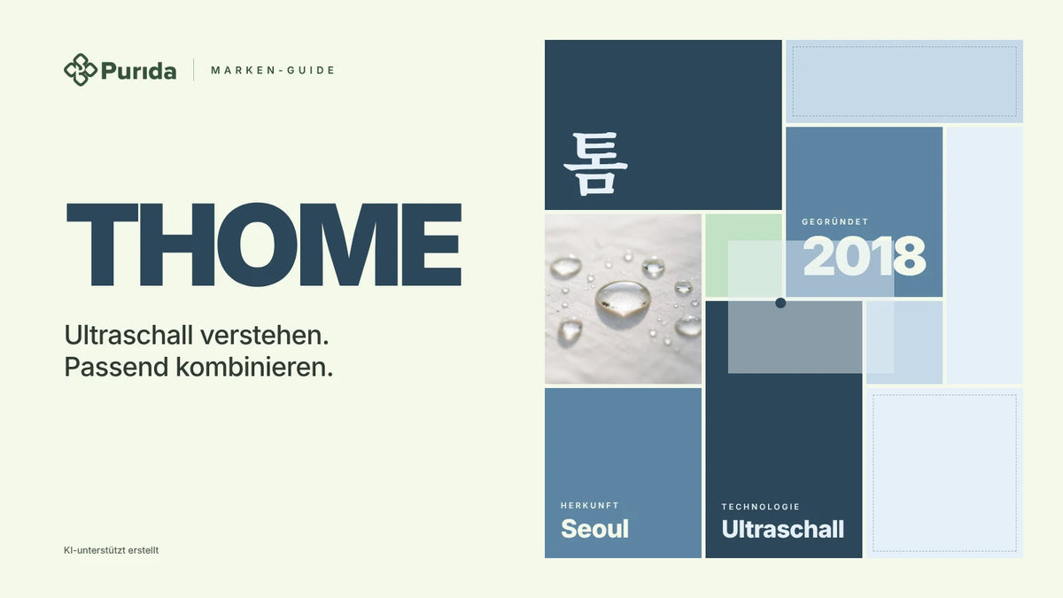 Purida Marken-Guide zu THOME: Patchwork in Markenfarben mit 톰 in Hangul, gegründet 2018, Technologie Ultraschall, Herkunft Seoul, Zutatenfoto und Hinweis KI-unterstützt erstellt