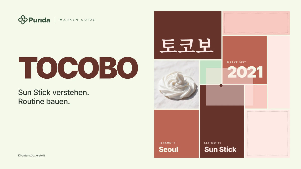 Purida Marken-Guide zu TOCOBO: Patchwork in Markenfarben mit 토코보 in Hangul, Marke seit 2021, Leitmotiv Sun Stick, Herkunft Seoul, Zutatenfoto und Hinweis KI-unterstützt erstellt