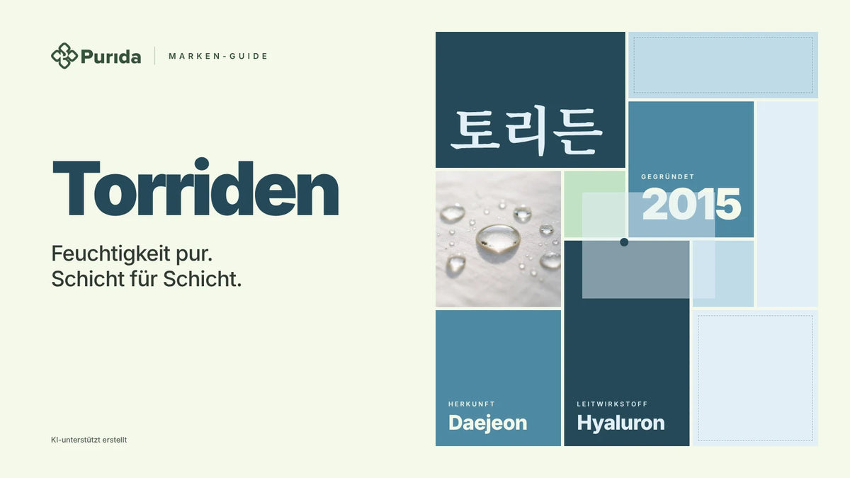 Purida Marken-Guide zu Torriden: Patchwork in Markenfarben mit 토리든 in Hangul, gegründet 2015, Leitwirkstoff Hyaluron, Herkunft Daejeon, Zutatenfoto und Hinweis KI-unterstützt erstellt