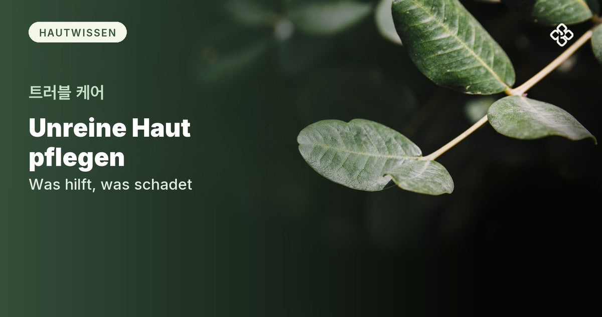 Zweig mit grünen Blättern vor dunklem Hintergrund, daneben der Titel Unreine Haut pflegen