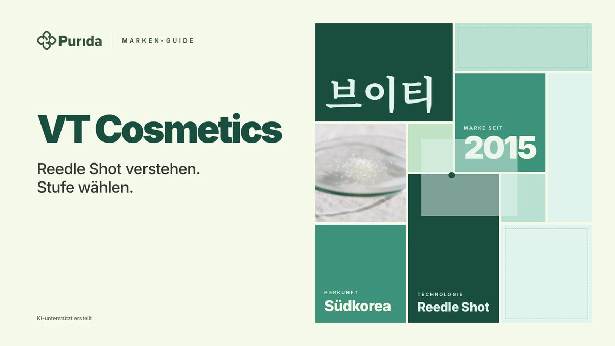 Purida Marken-Guide zu VT Cosmetics: Patchwork in Markenfarben mit 브이티 in Hangul, Marke seit 2015, Technologie Reedle Shot, Herkunft Südkorea, Zutatenfoto und Hinweis KI-unterstützt erstellt