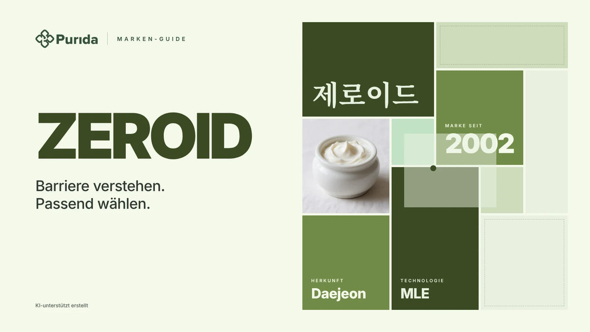 Purida Marken-Guide zu ZEROID: Patchwork in Markenfarben mit 제로이드 in Hangul, Marke seit 2002, Technologie MLE, Herkunft Daejeon, Zutatenfoto und Hinweis KI-unterstützt erstellt