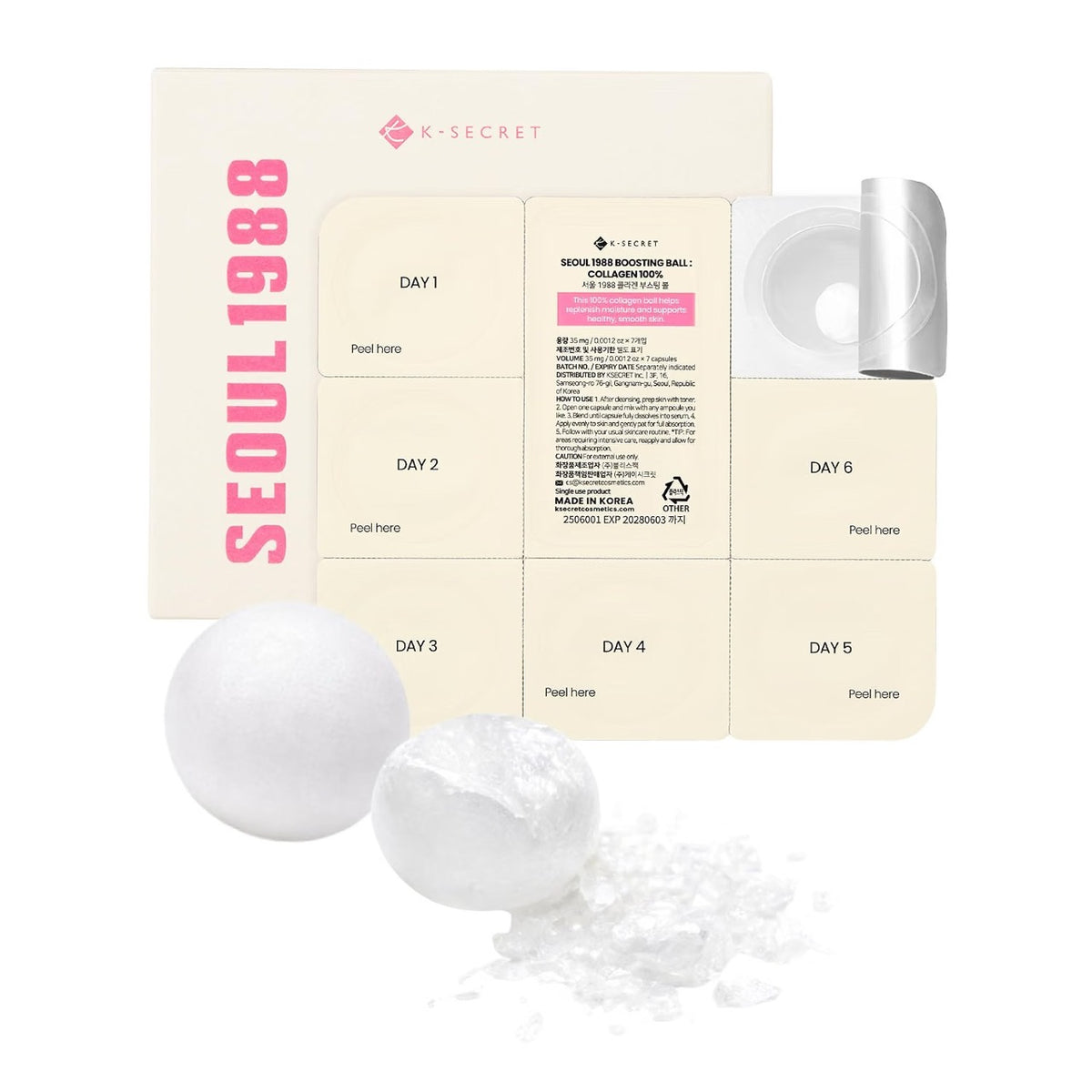 K-SECRET Seoul 1988 Boosting Ball Collagen 100 Prozent – Verpackung und Kollagenkugeln
