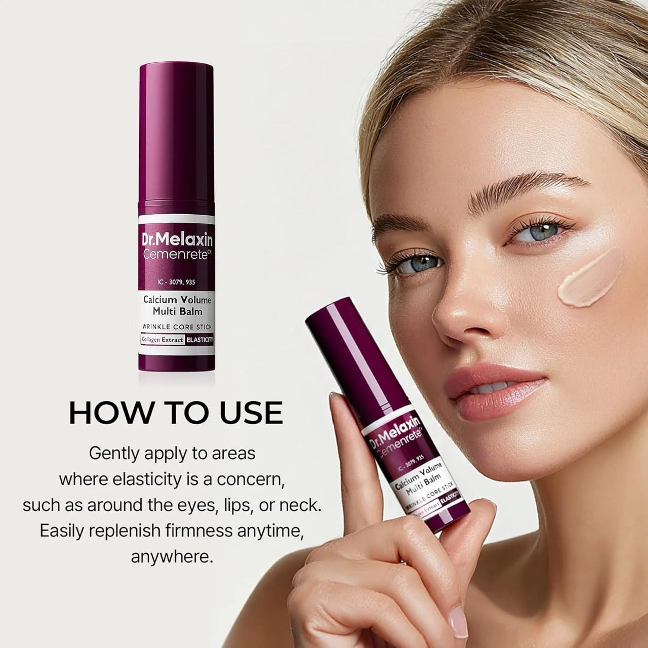 Anwendung des Dr.Melaxin Calcium Volume Multi Balm auf Augenpartie, Lippen und Hals