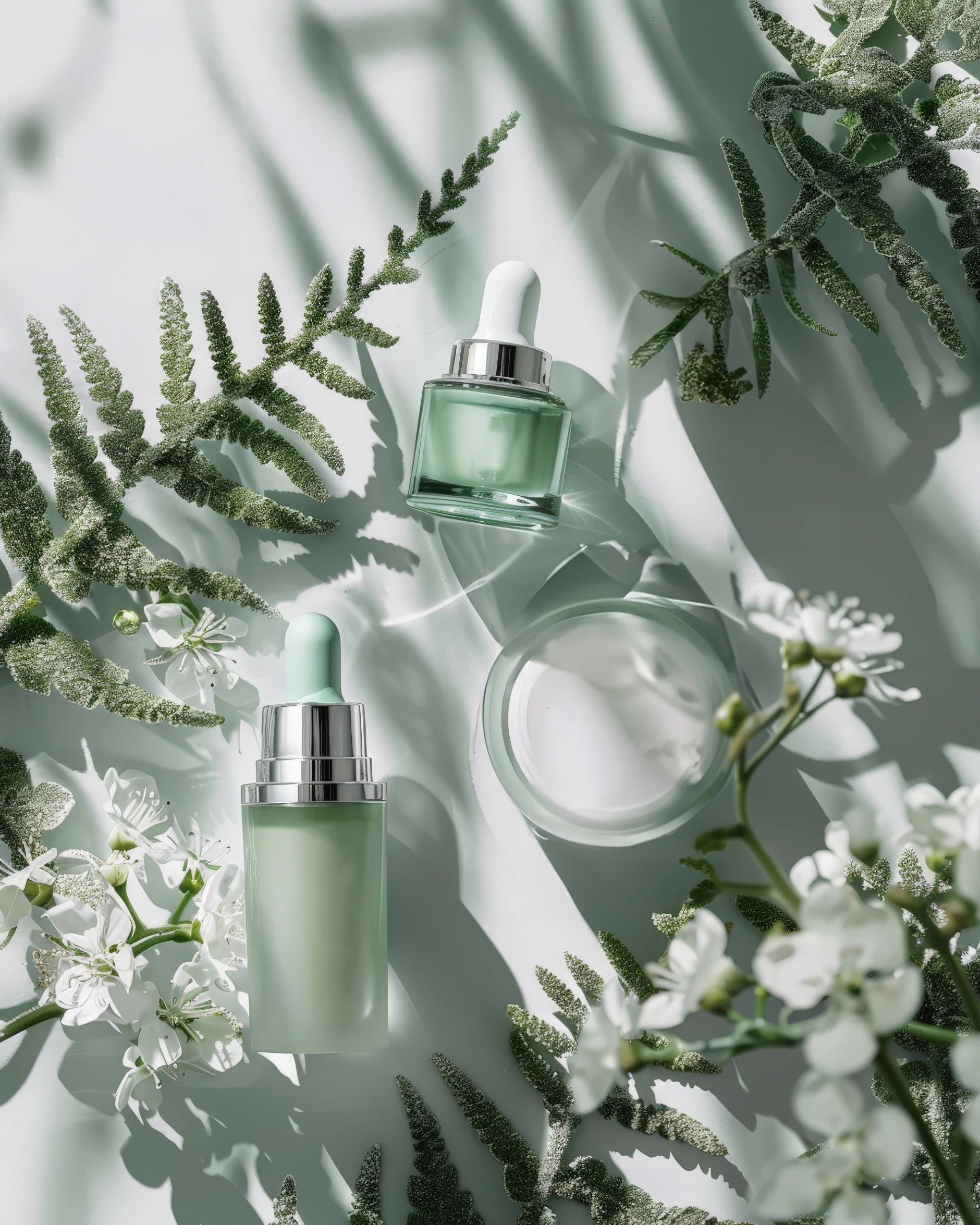 Grüne koreanische Seren mit Pflanzen und Blumen im Flatlay für natürliche Hautpflege
