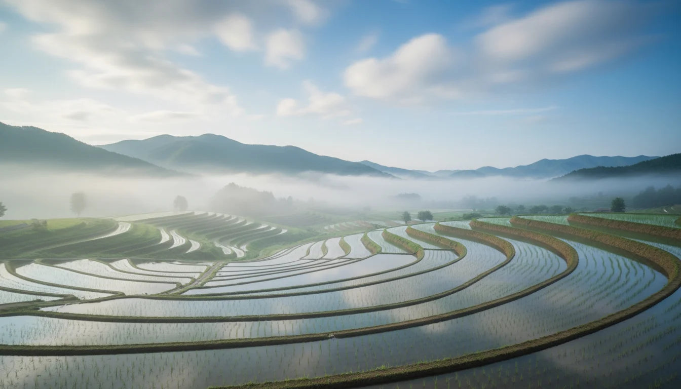 Koreanische Reisfelder im Morgennebel – natürliche, ruhige Landschaft als FAQ-Banner für Purida K-Beauty