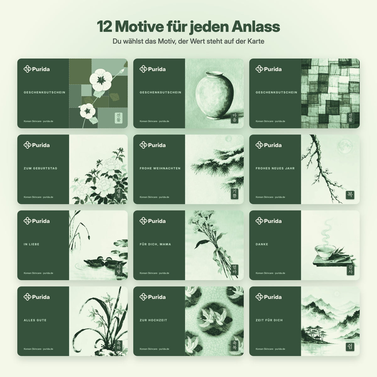 Purida Geschenkgutschein: 12 Motive für jeden Anlass