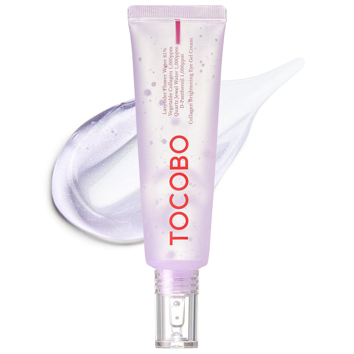 TOCOBO Collagen Brightening Eye Gel Cream – Produktfoto der Tube mit transparenter Gel-Textur im Hintergrund.