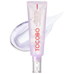 TOCOBO Collagen Brightening Eye Gel Cream – Produktfoto der Tube mit transparenter Gel-Textur im Hintergrund.