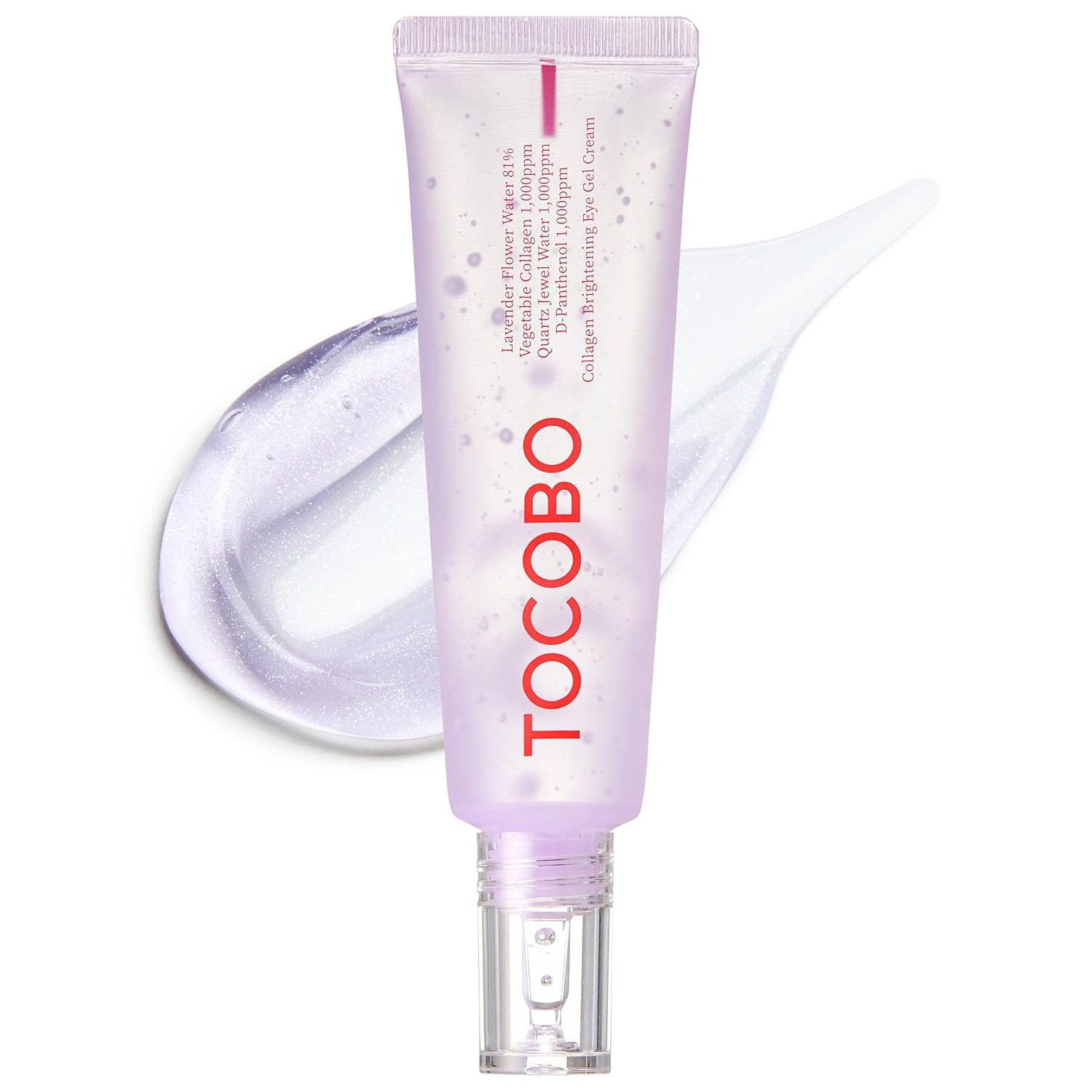 TOCOBO Collagen Brightening Eye Gel Cream – Produktfoto der Tube mit transparenter Gel-Textur im Hintergrund.