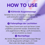 TOCOBO Collagen Eye Gel Cream – Infografik mit Anwendungsschritten: kühlende Augenmassage, Faltenpflege der Lachfalten und Nachtpflege.