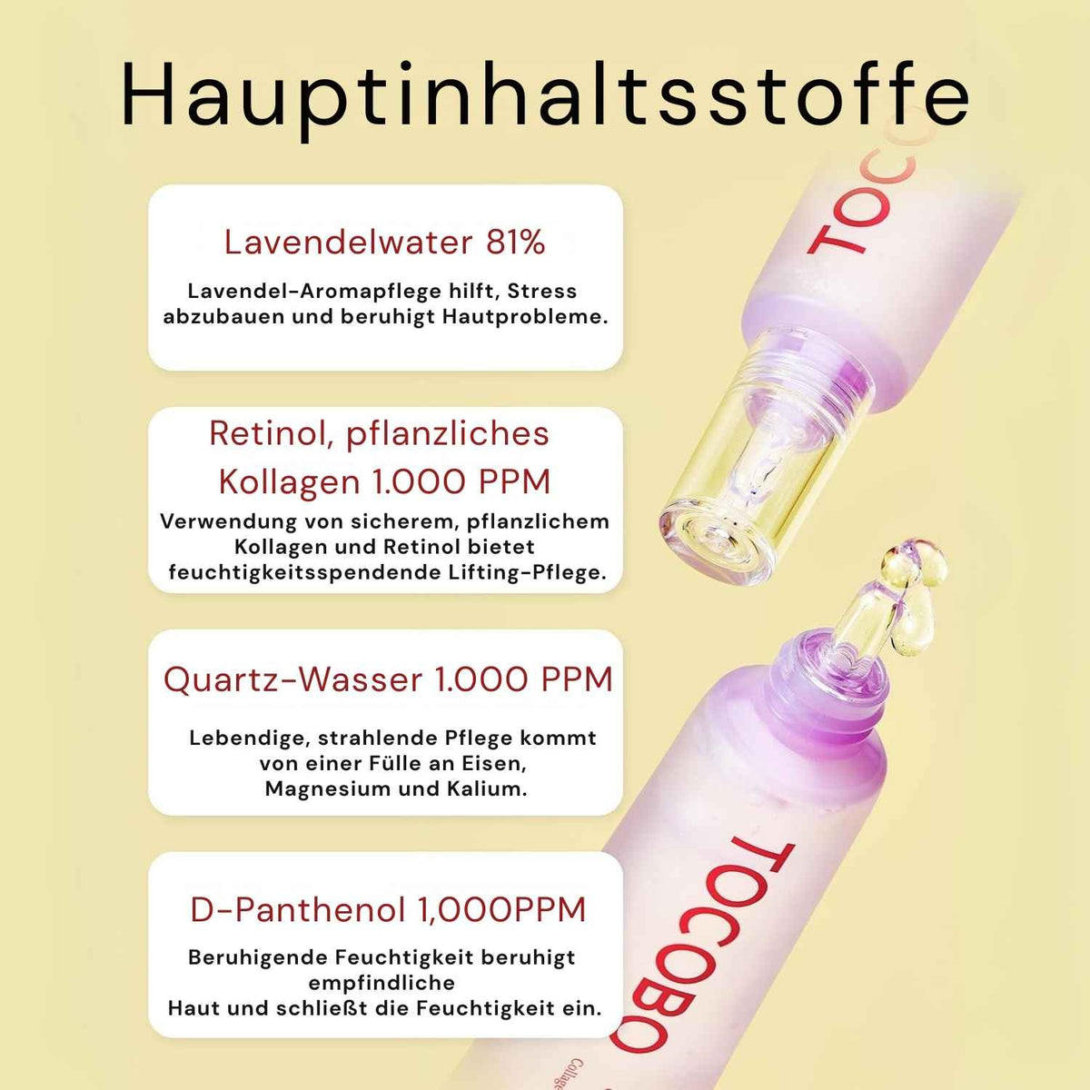 Infografik der TOCOBO Collagen Eye Gel Cream mit Hauptinhaltsstoffen: Lavendelwasser 81 %, Retinol &amp; pflanzliches Kollagen 1.000 PPM, Quarz-Wasser 1.000 PPM und D-Panthenol 1.000 PPM.