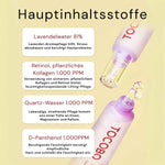 Infografik der TOCOBO Collagen Eye Gel Cream mit Hauptinhaltsstoffen: Lavendelwasser 81 %, Retinol &amp; pflanzliches Kollagen 1.000 PPM, Quarz-Wasser 1.000 PPM und D-Panthenol 1.000 PPM.