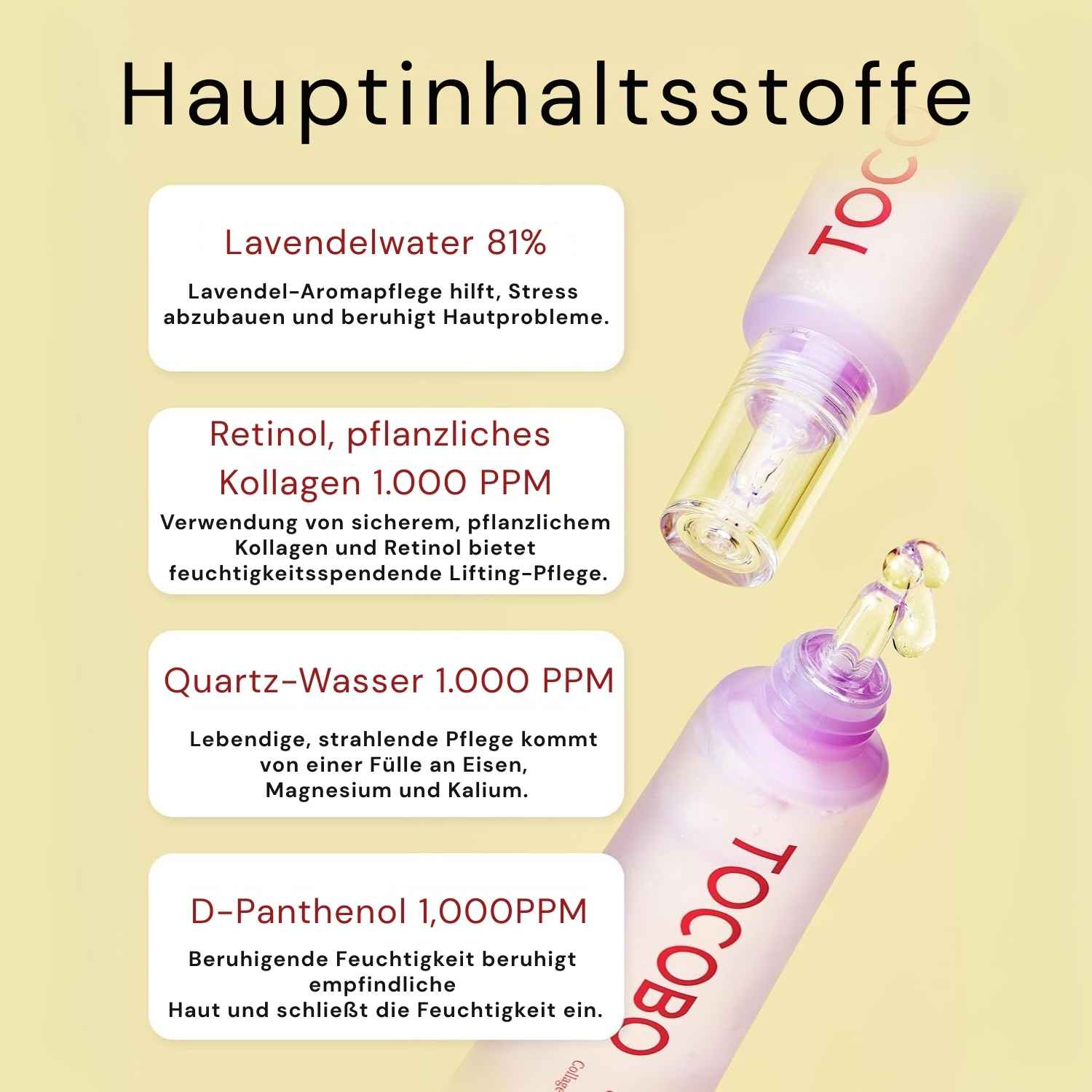 Infografik der TOCOBO Collagen Eye Gel Cream mit Hauptinhaltsstoffen: Lavendelwasser 81 %, Retinol &amp; pflanzliches Kollagen 1.000 PPM, Quarz-Wasser 1.000 PPM und D-Panthenol 1.000 PPM.