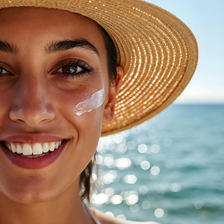 Lächelnde Frau mit Strohhut und Sonnencreme auf der Wange, die am Meer steht. Die Szene vermittelt einen strahlenden, sonnigen und fröhlichen Strandtag.